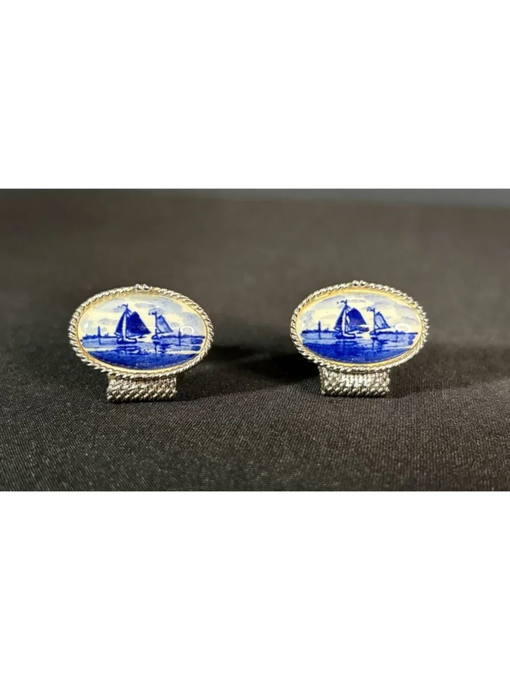 Vintage Swank Cufflinks Delft Porcelain Sailboat Mesh Wrap Around Silver Tone